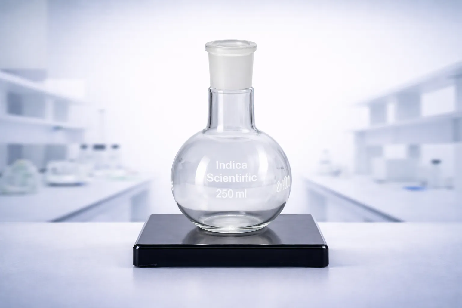 Stable flat bottom flask with short narrow neck