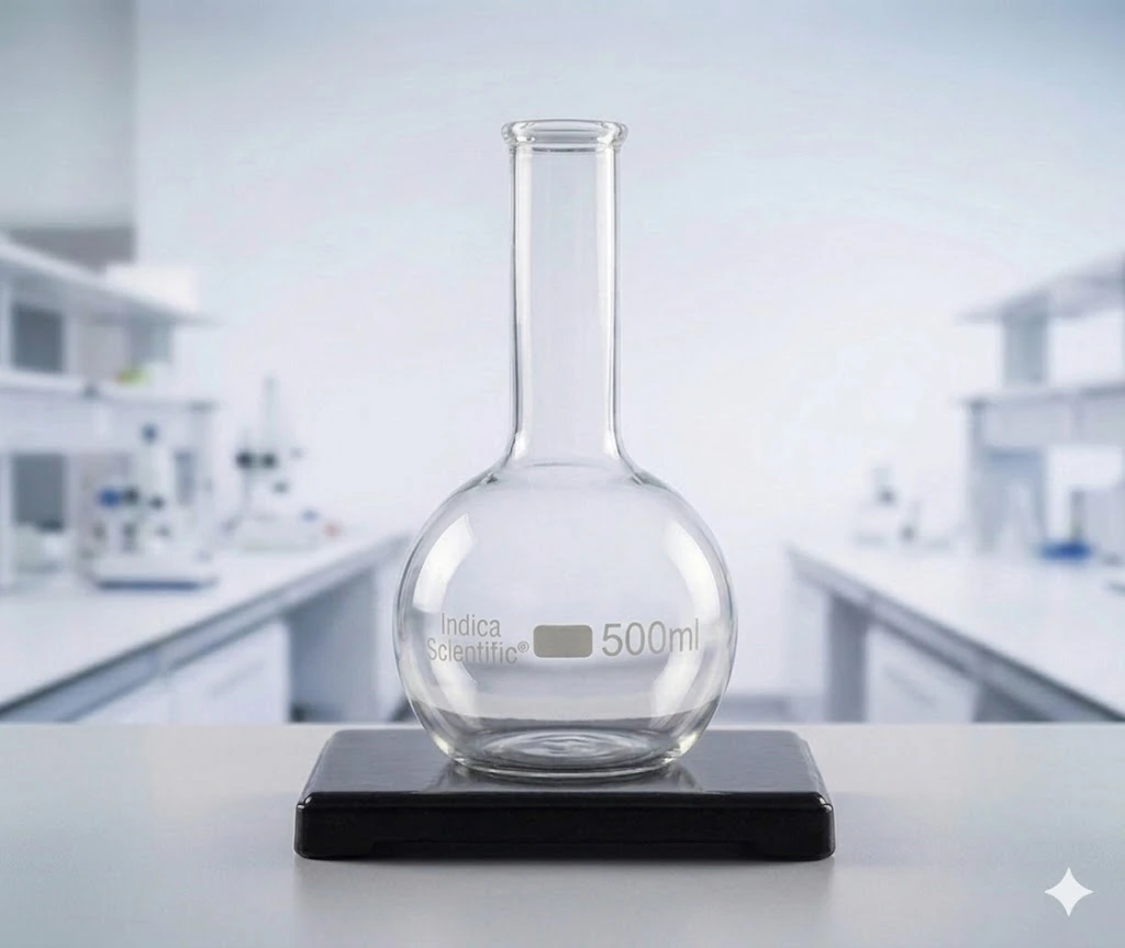 Stable flat bottom boiling flask with narrow neck